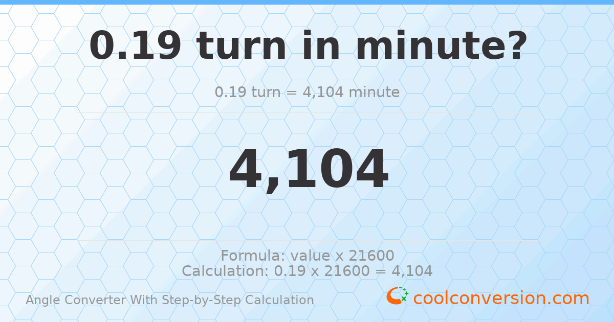 0.19 turns = 4104 minutes