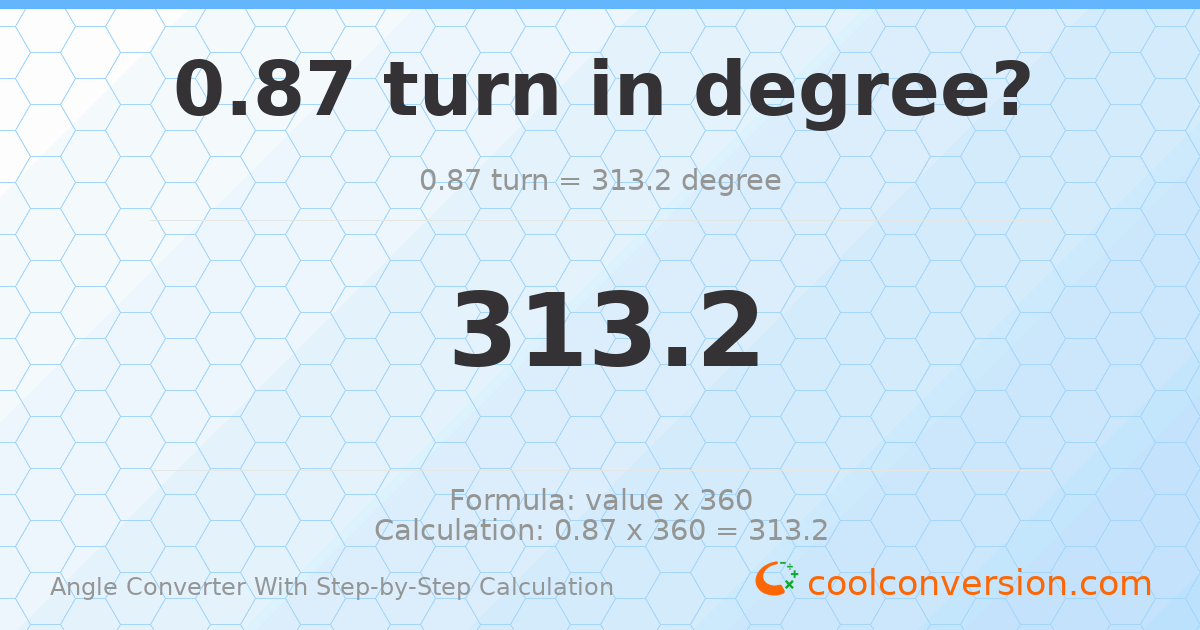 0.87 turns = 313.2 degrees
