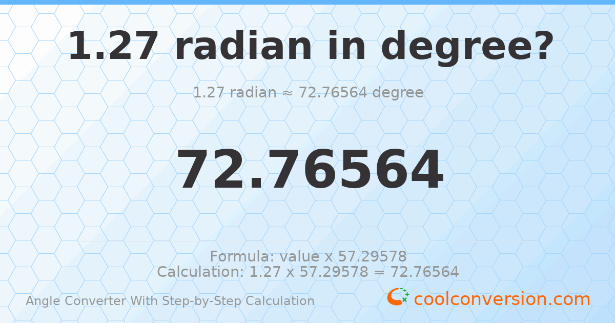 1.27 radians = 72.7656 degrees