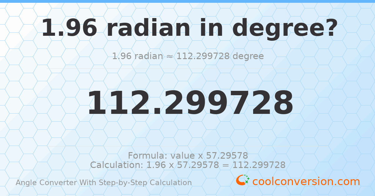1.96 radians = 112.3 degrees
