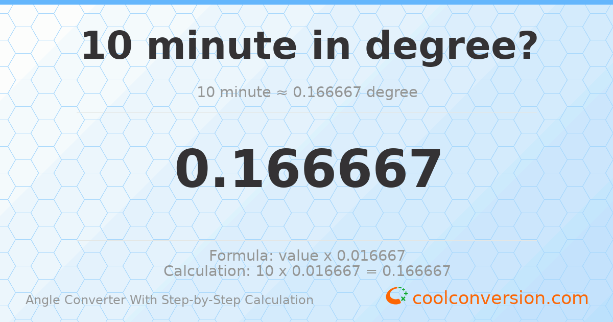 10 minutes = 0.166667 degrees
