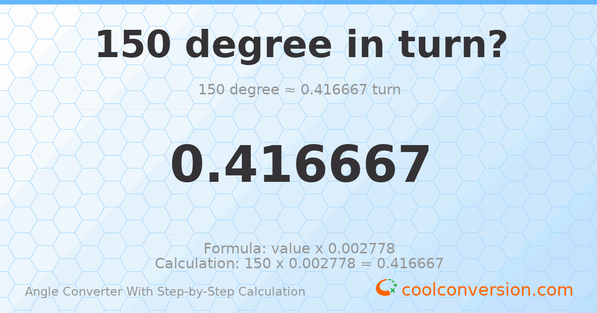 150 degrees = 0.416667 turns