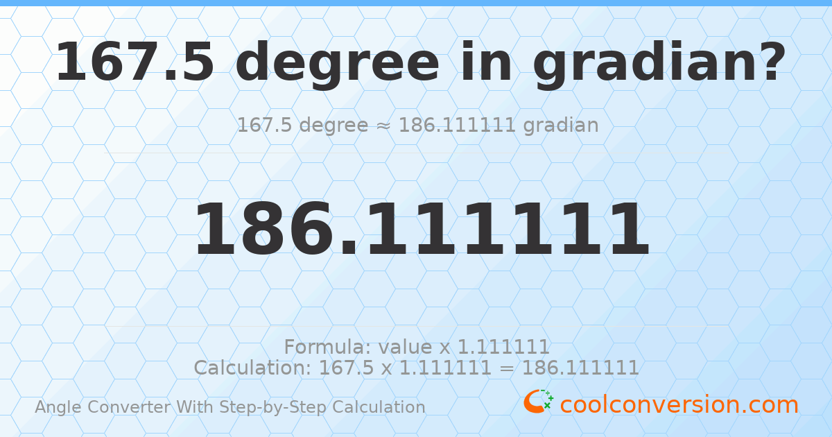 167.5 degrees = 186.111 gradians