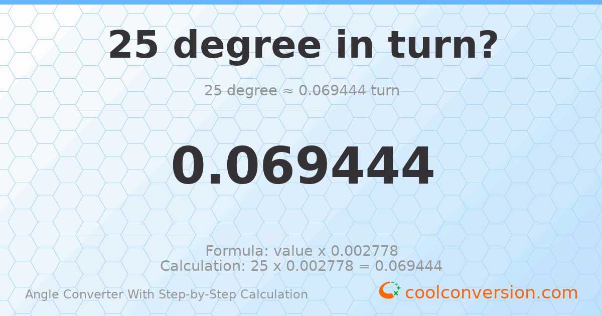 25 degrees = 0.0694444 turns