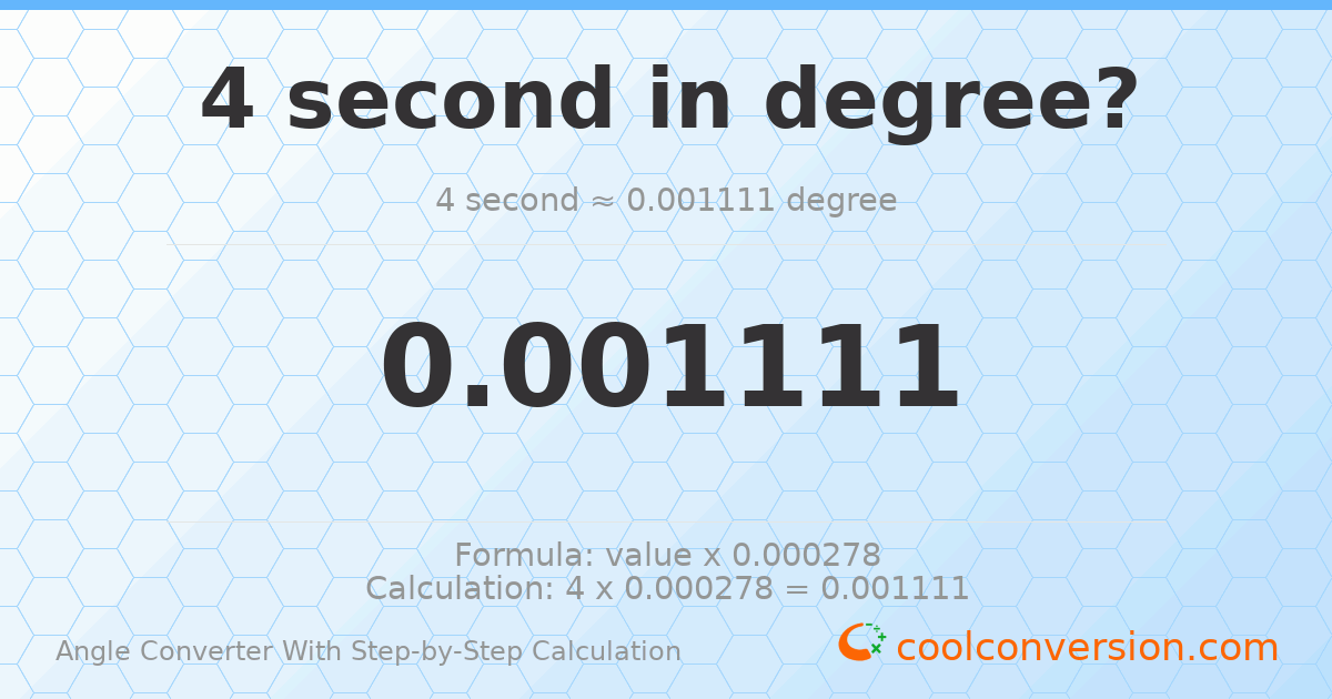 4 seconds = 0.00111111 degrees