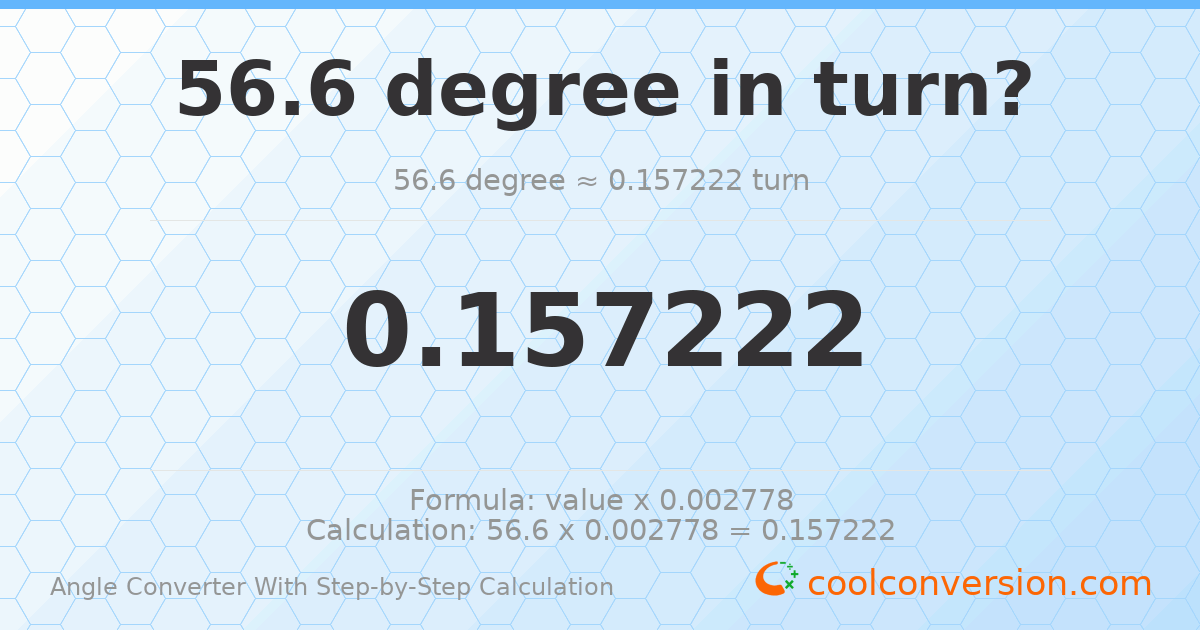 56.6 degrees = 0.157222 turns