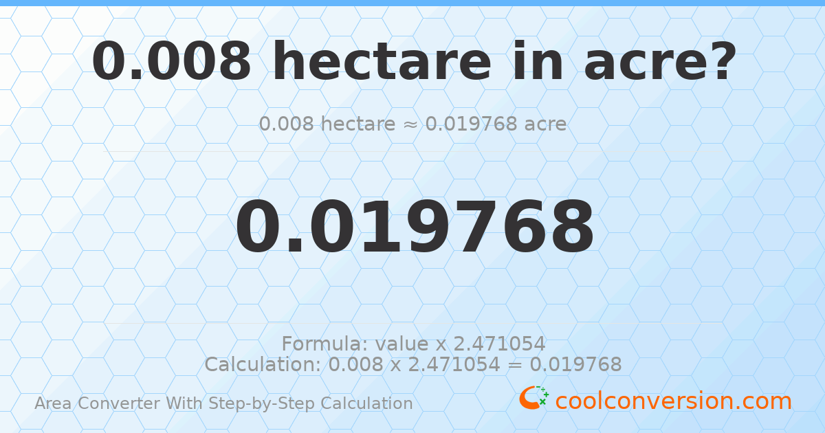 0.008 hectares = 0.0197684 acres