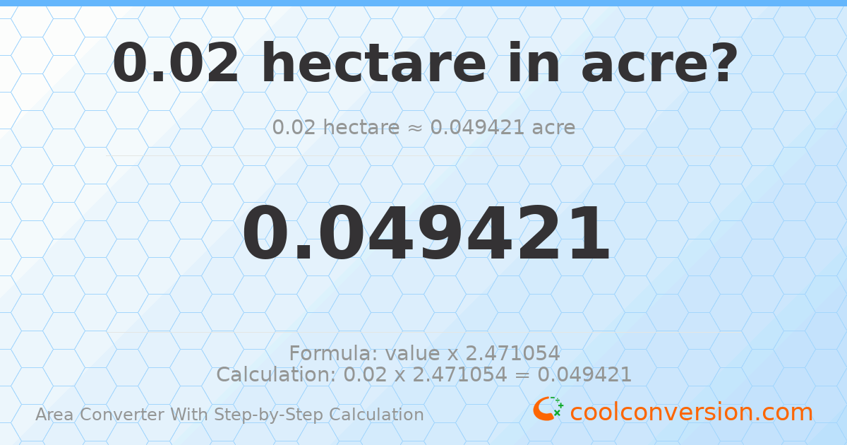 0.02 hectares = 0.0494211 acres