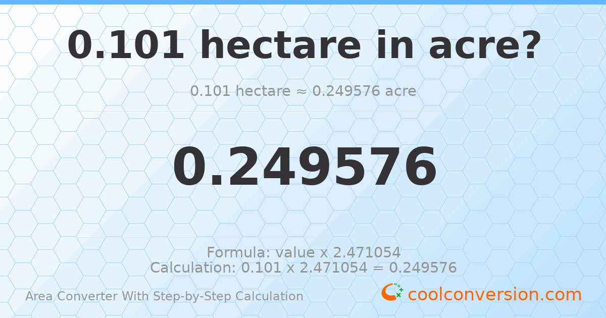 0.101 hectares = 0.249576 acres