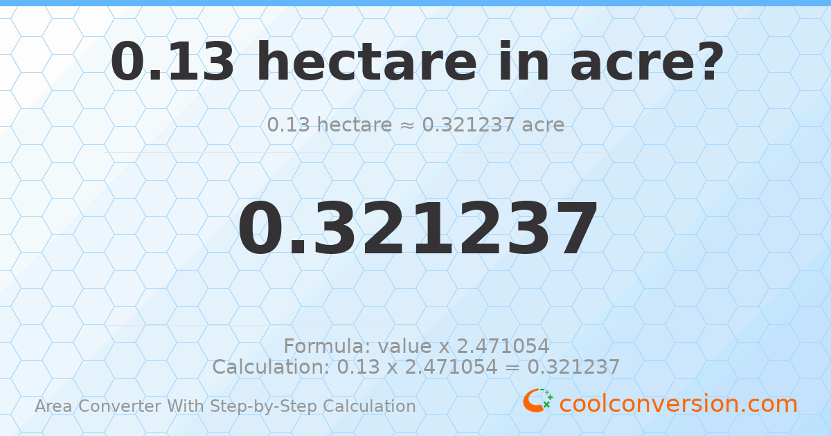 0.13 hectares = 0.321237 acres