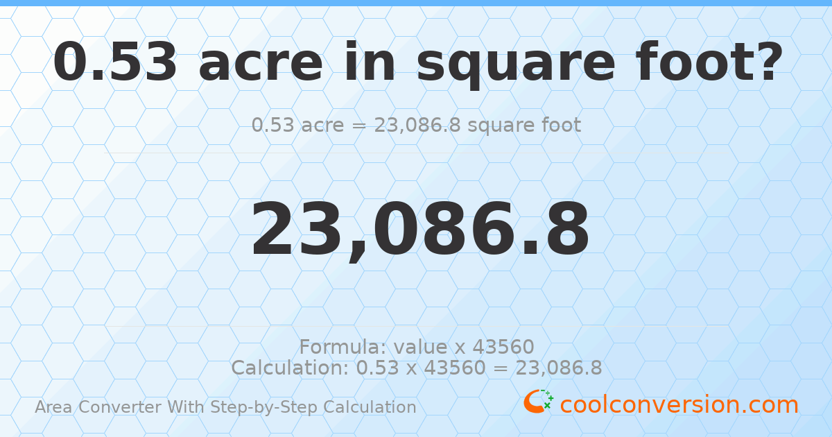 0.53 acres = 23086.8 square feet