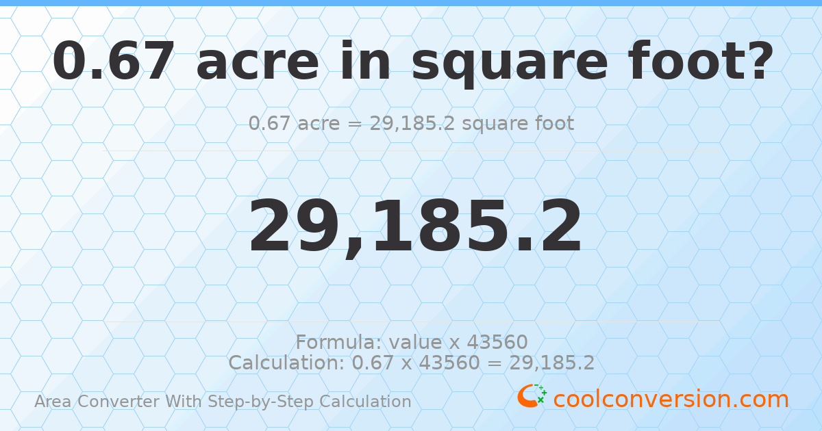 0.67 acres = 29185.2 square feet