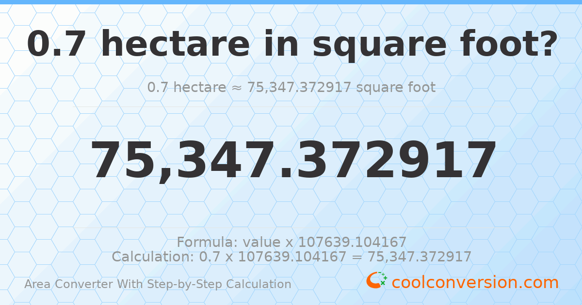0.7 hectares = 75347.4 square feet