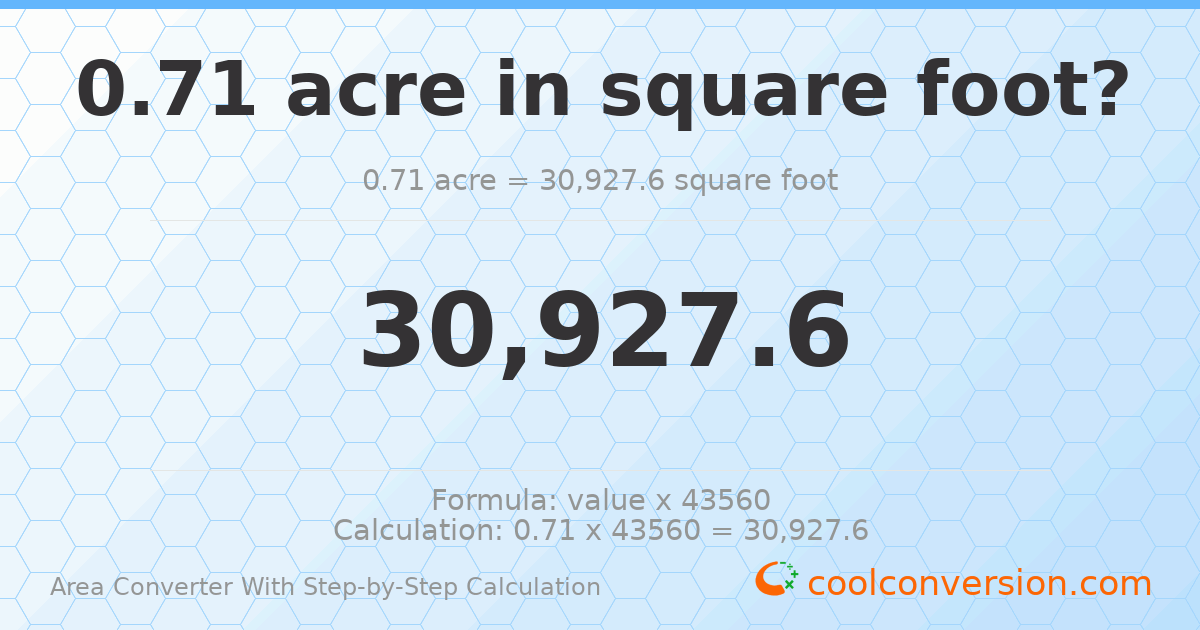 0.71 acres = 30927.6 square feet