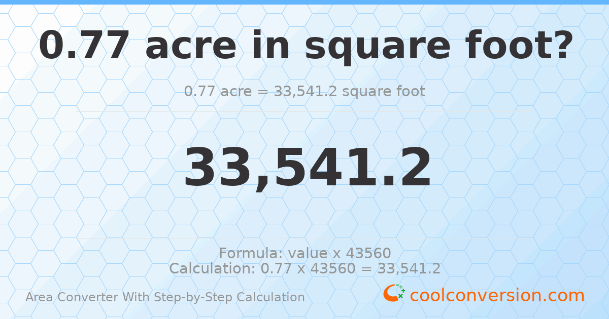 0.77 acres = 33541.2 square feet