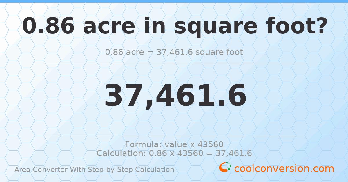 0.86 acres = 37461.6 square feet