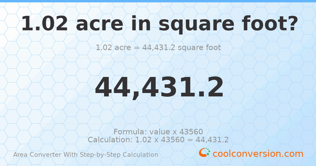 1.02 acres = 44431.2 square feet