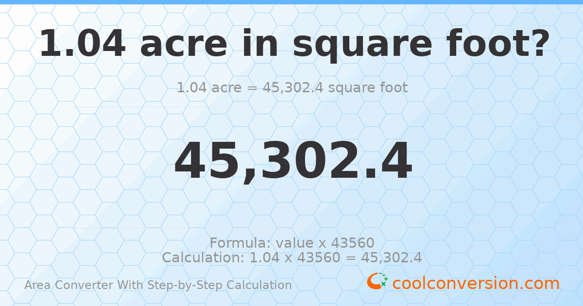 1.04 acres = 45302.4 square feet