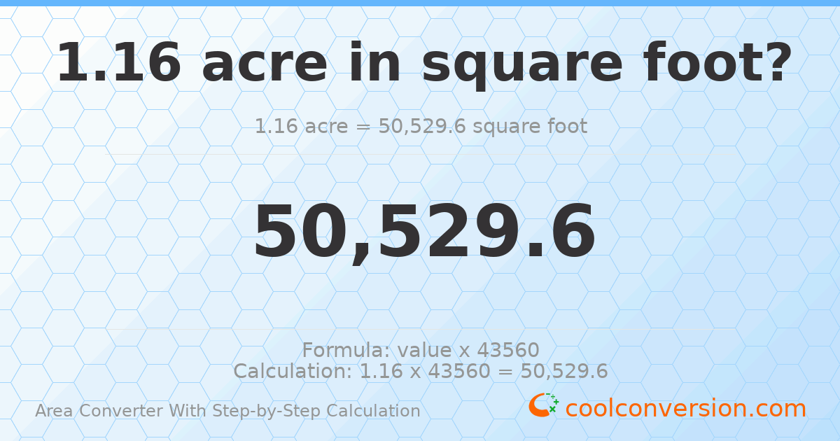 1.16 acres = 50529.6 square feet