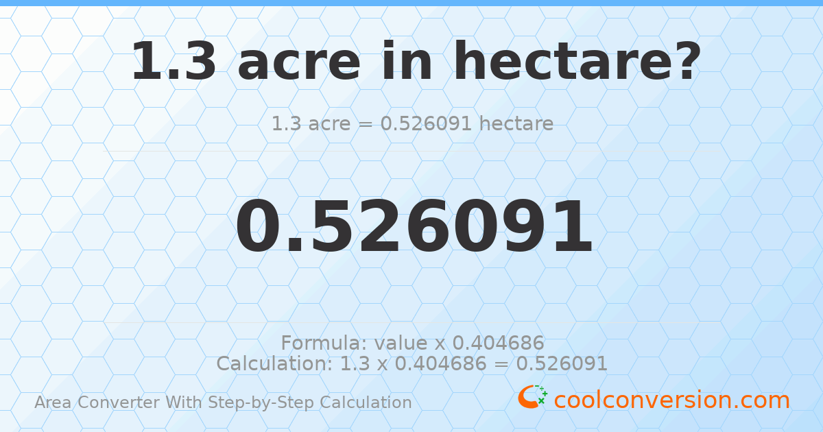 1.3 acres = 0.526091 hectares