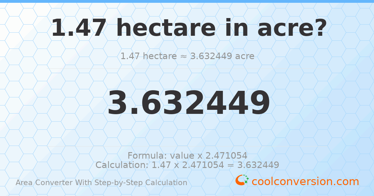1.47 hectares = 3.63245 acres