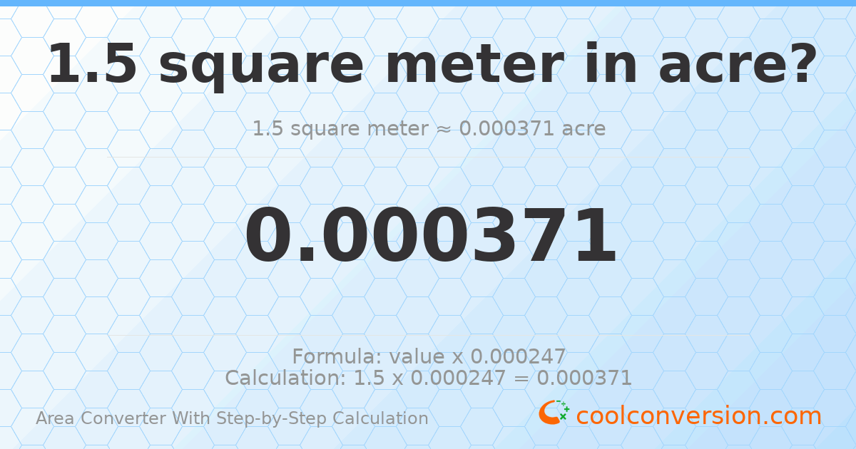 1.5 square meters = 0.000370658 acres