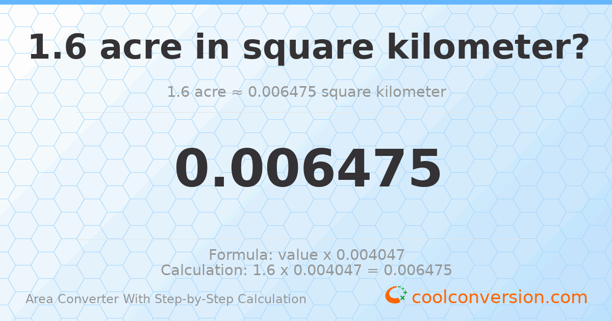 1.6 acres = 0.00647497 square kilometers