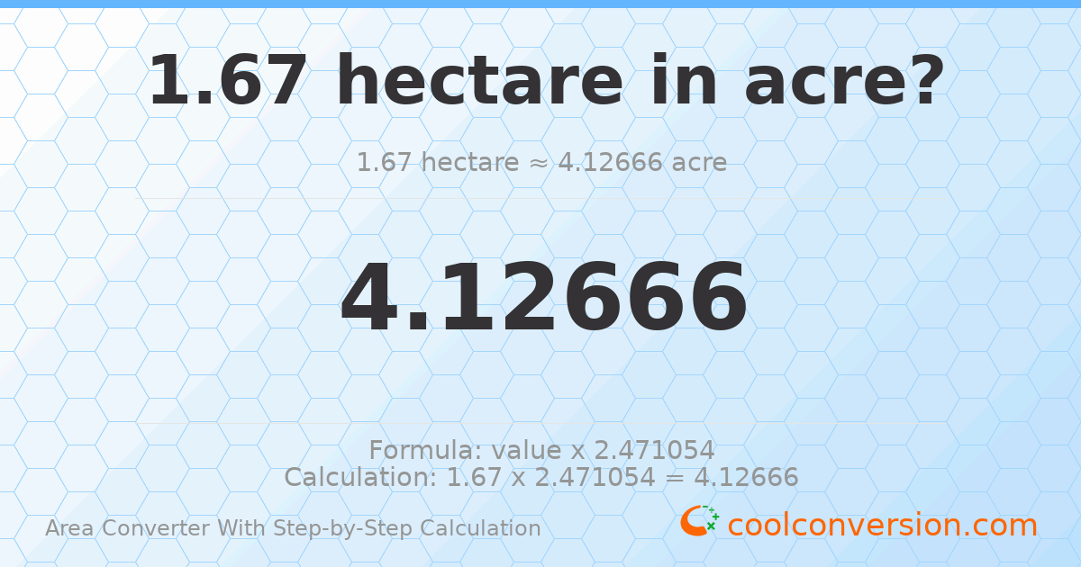 1.67 hectares = 4.12666 acres