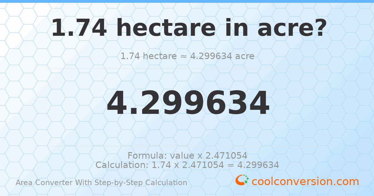 1.74 hectares = 4.29963 acres