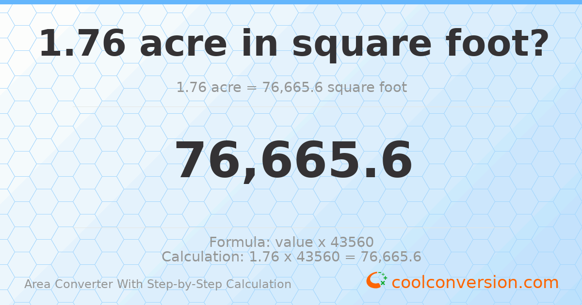 1.76 acres = 76665.6 square feet