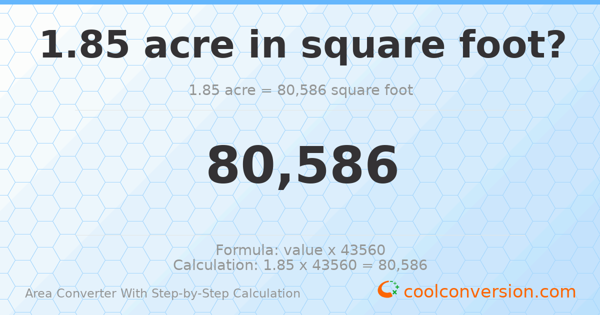 1.85 acres = 80586 square feet