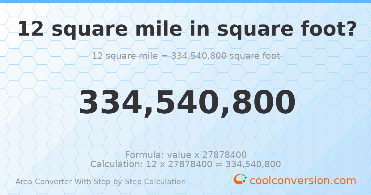 12 square miles = 3.34541 × 10⁸ square feet