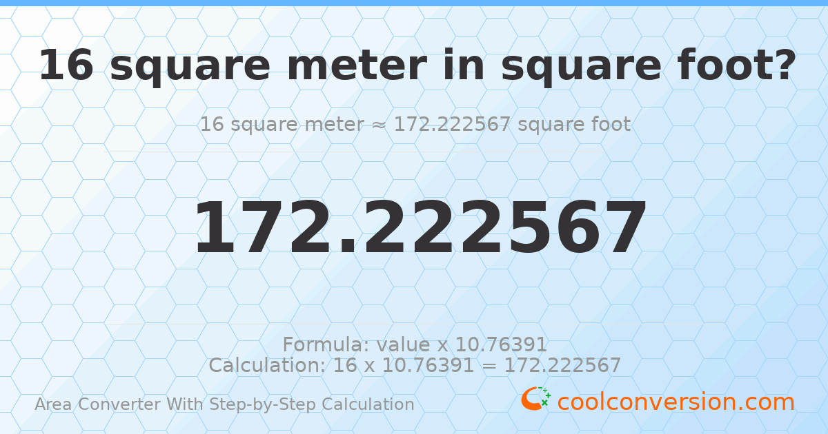 16 square meters = 172.223 square feet