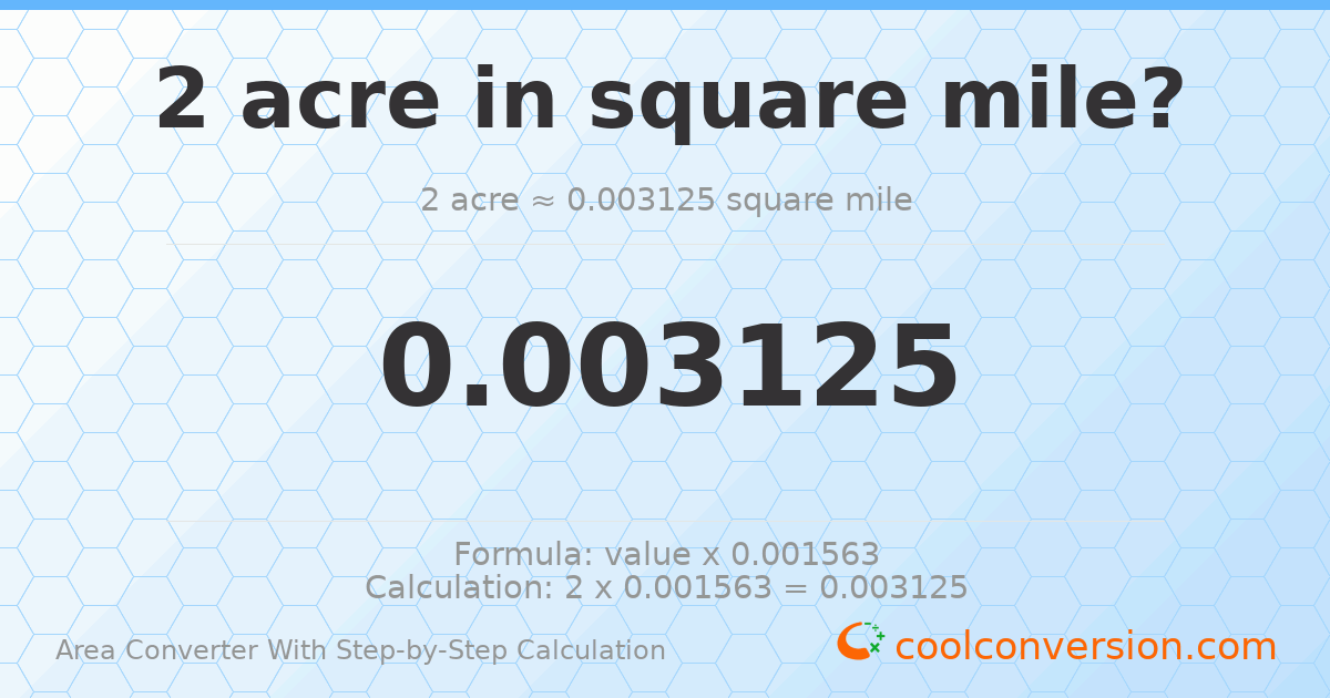 2 acres = 0.003125 square miles