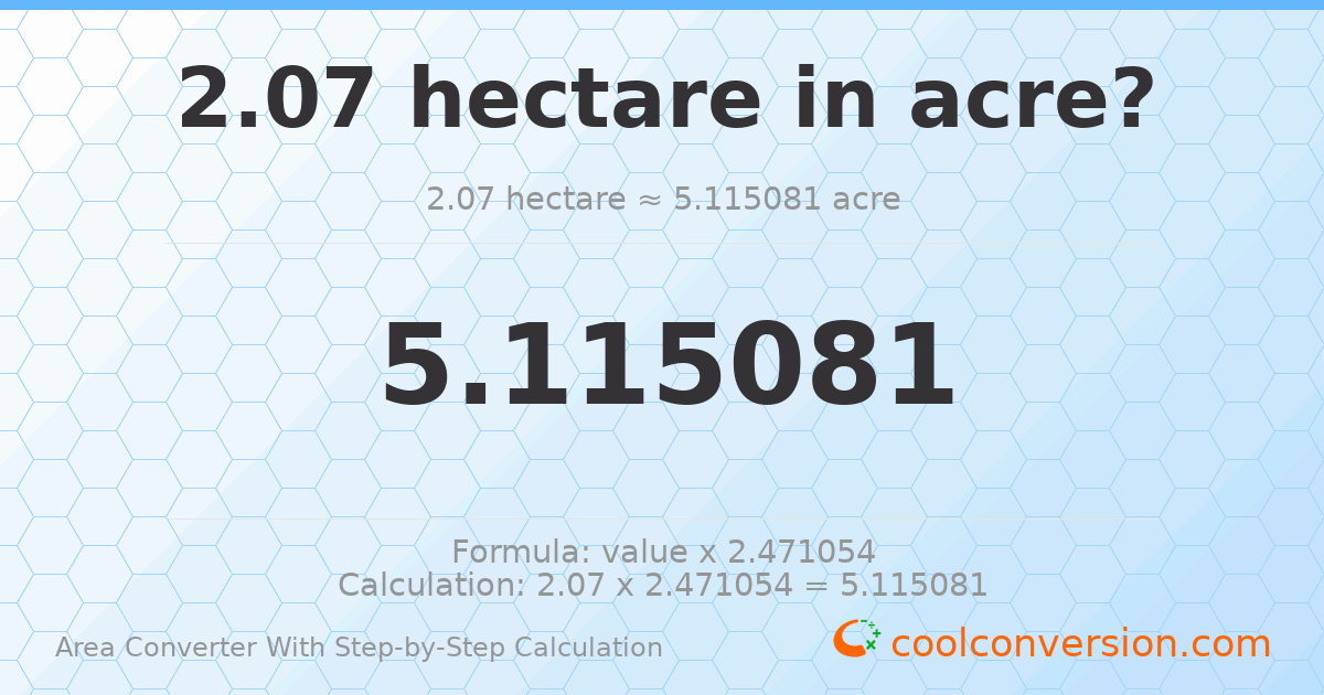 2.07 hectares = 5.11508 acres