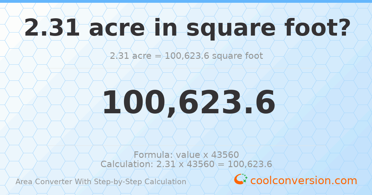 2.31 acres = 100624 square feet