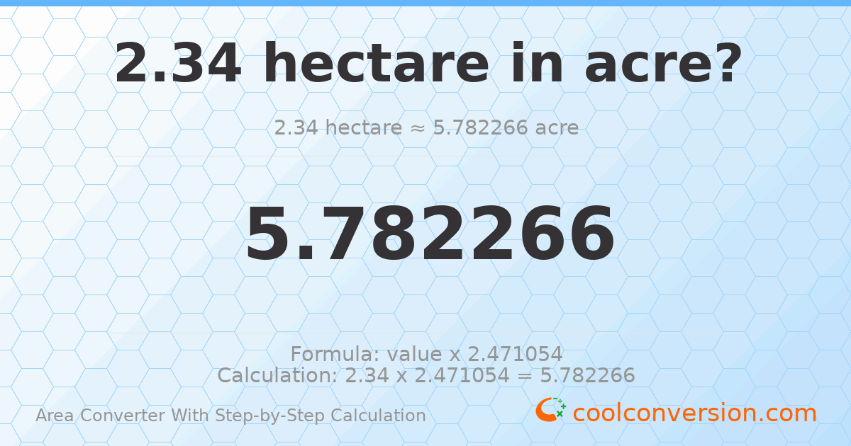 2.34 hectares = 5.78227 acres