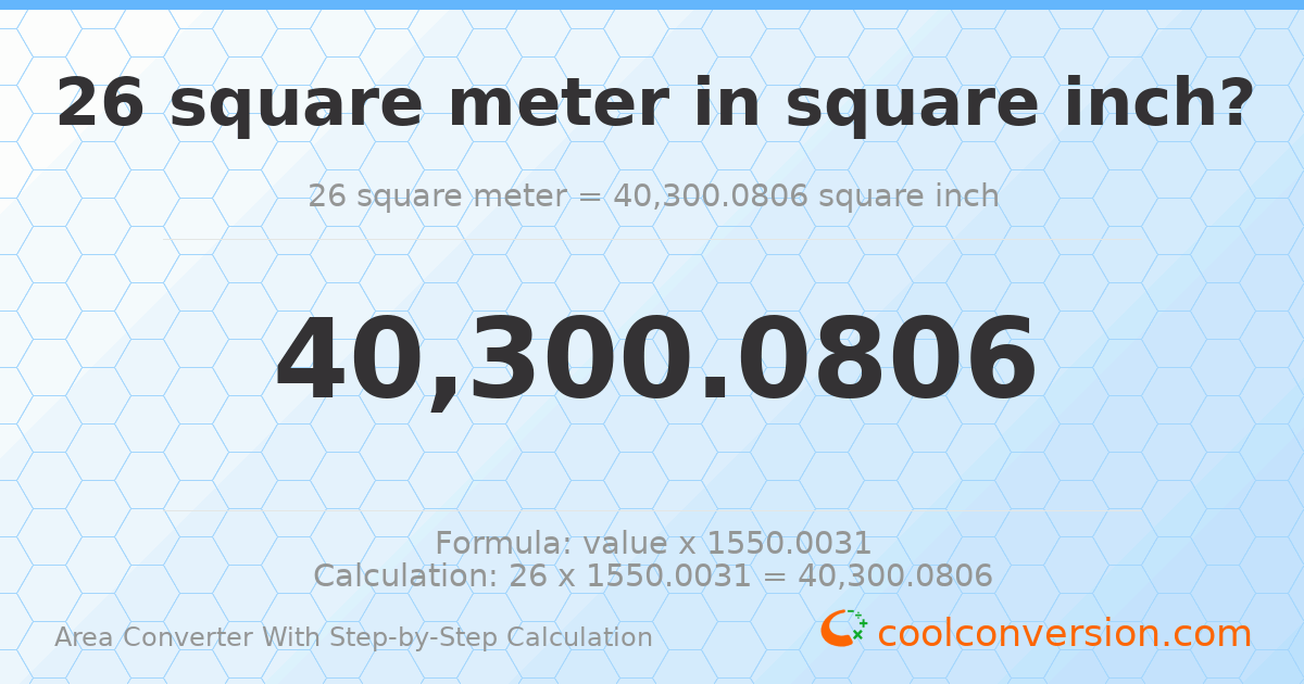 26 square meters = 40300.1 square inches