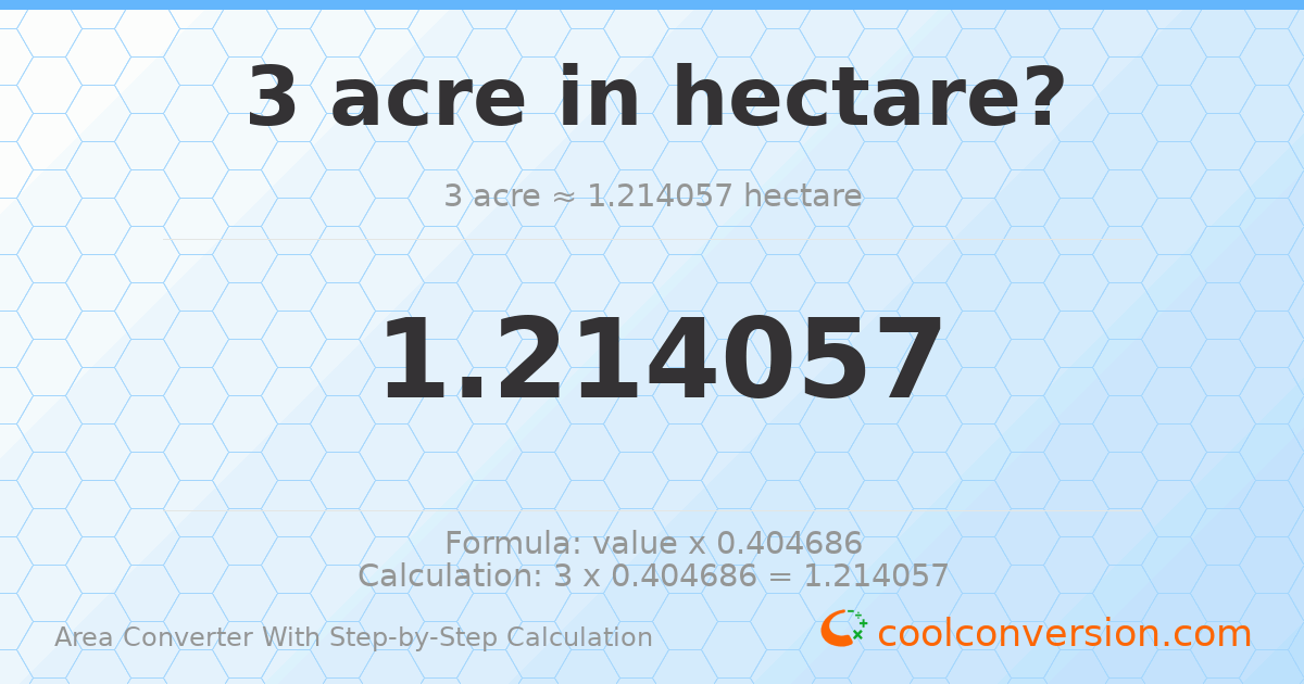 3 acres = 1.21406 hectares