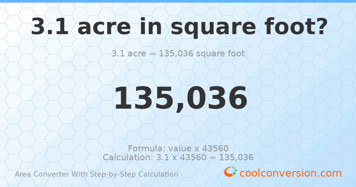 3.1 acres = 135036 square feet