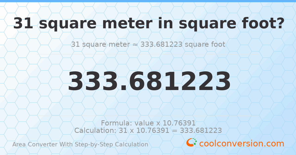 31 square meters = 333.681 square feet
