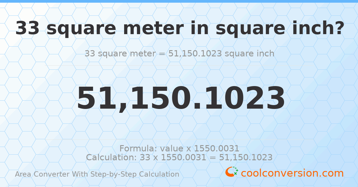 33 square meters = 51150.1 square inches