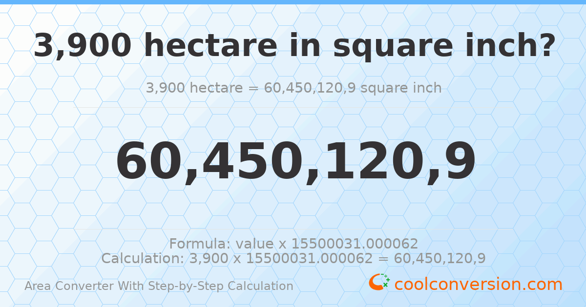 3900 Hectares to Square Inches | 3900 ha ≈ 6.045e+1 in²