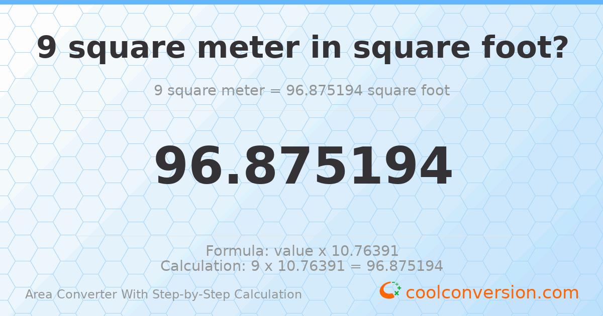 9 square meters = 96.8752 square feet