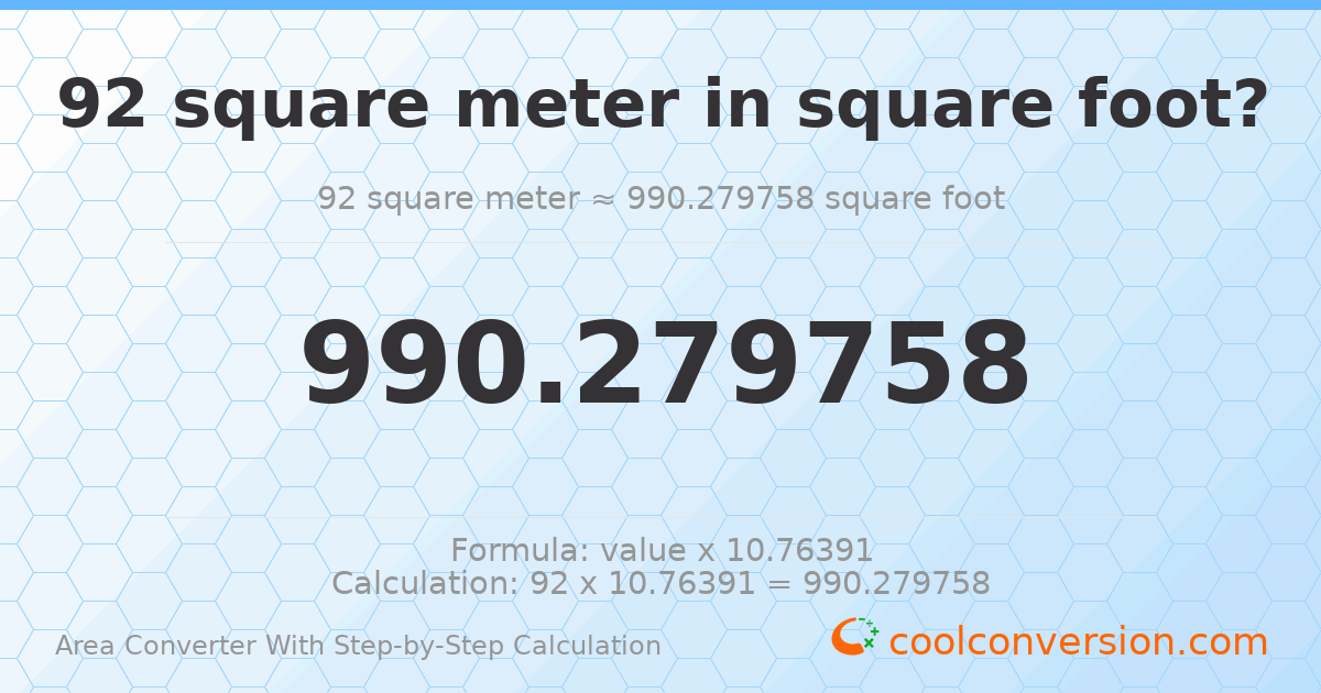 92 square meters = 990.28 square feet