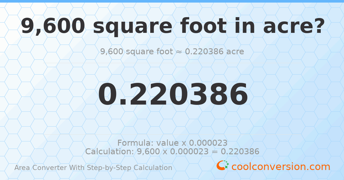 9600 square feet = 0.220386 acres