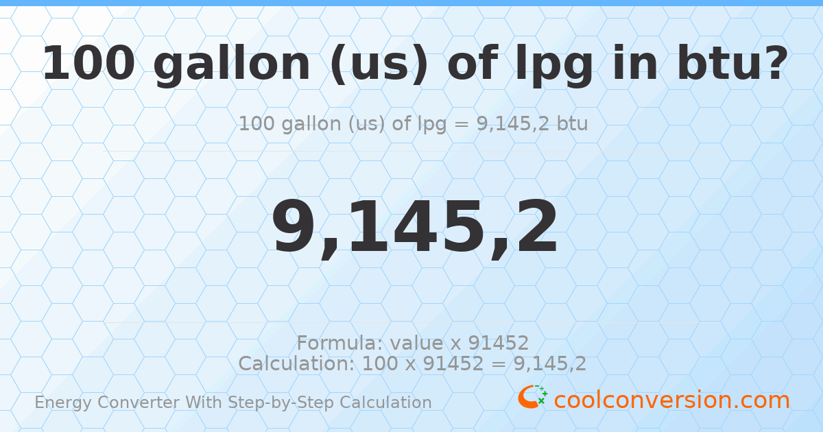 100 gallons (US) of LPG = 9145200 Btu