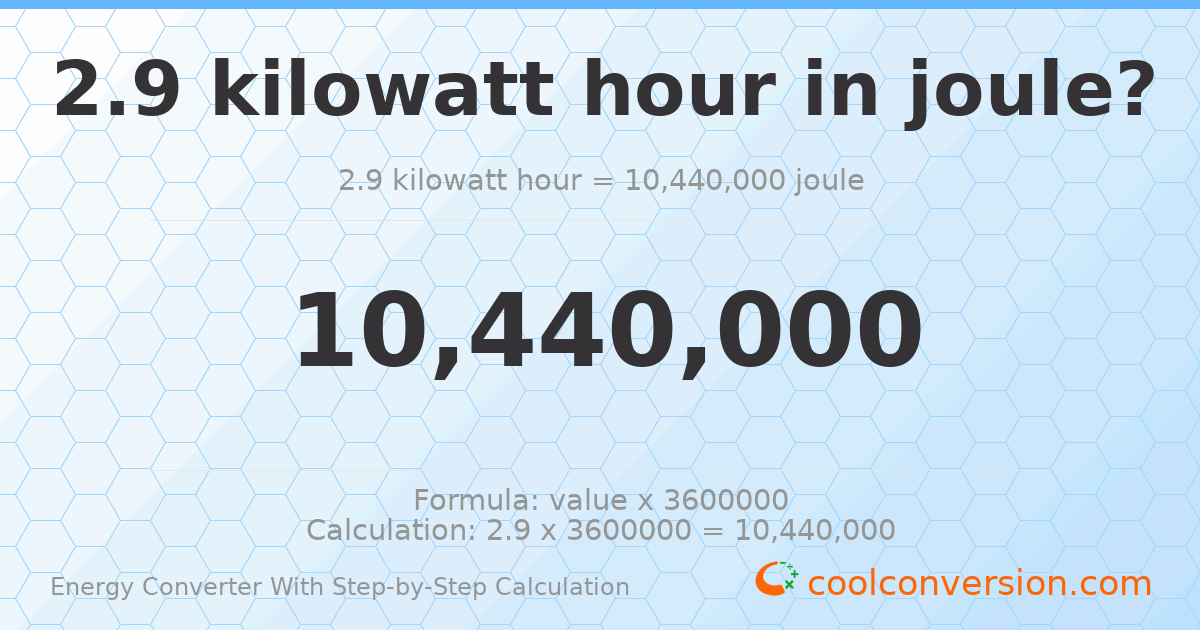 2.9 kilowatt-hours = 1.044 × 10⁷ Joules