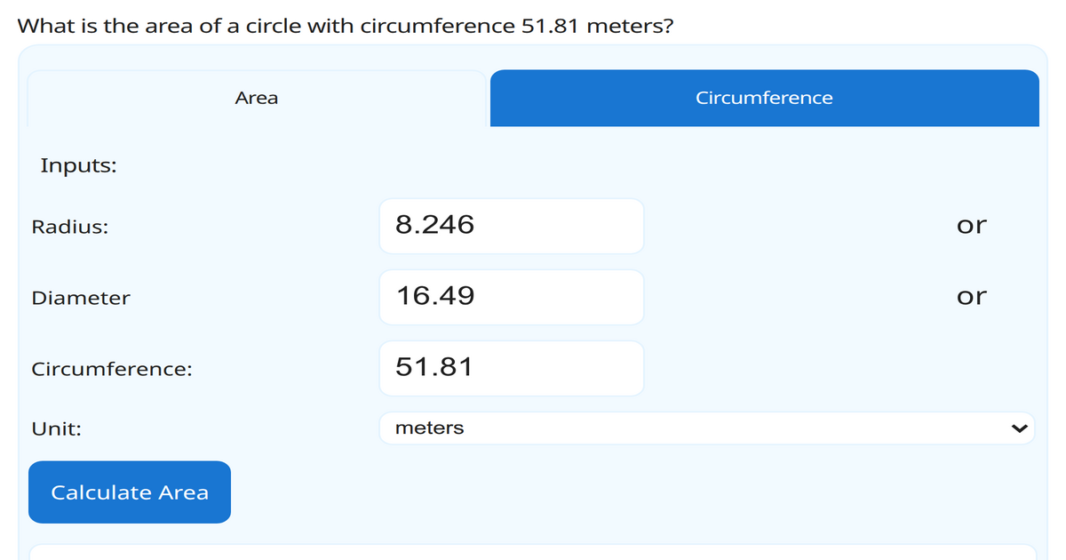 What is the area of a circle with diameter 1.5 inches