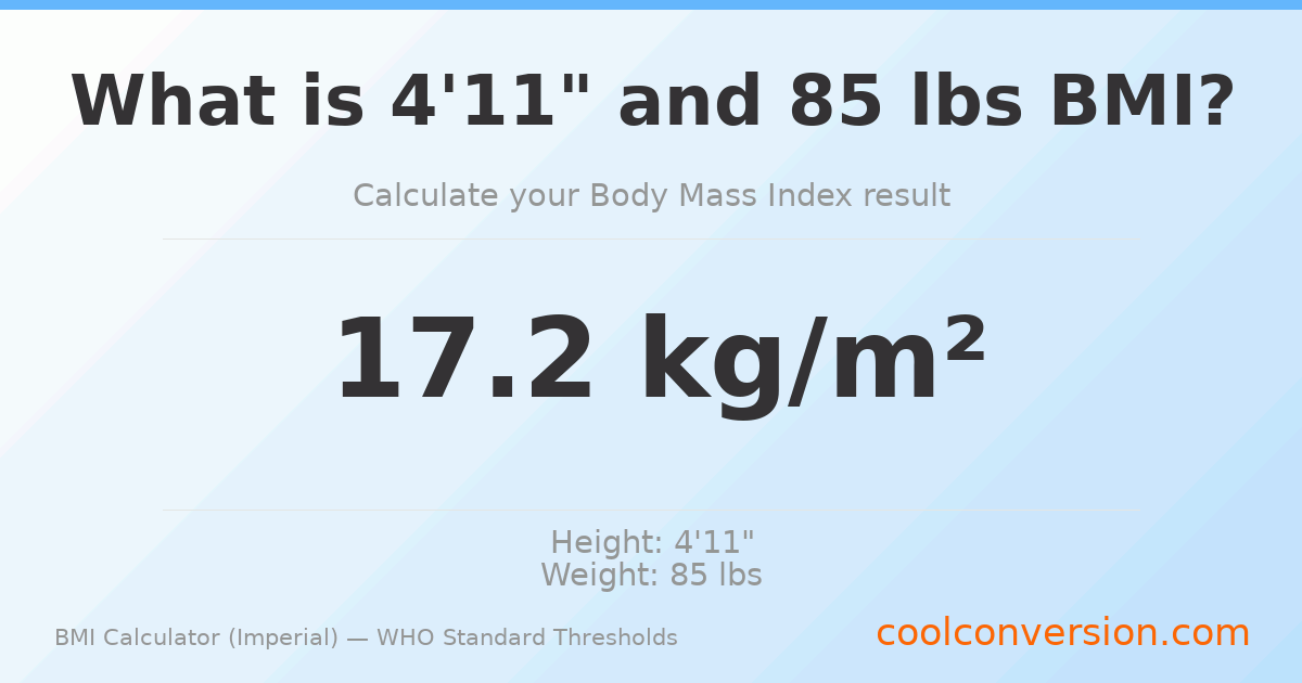 BMI 17.2 (Underweight) — 4'11" / 85 lbs